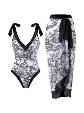Women Swimsuits V Neck Floral One Piece with Cover Up, Black Flower